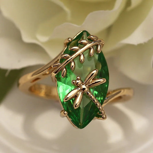 Gold Green Gemstone & Dragonfly Ring-Mialla Jewelry