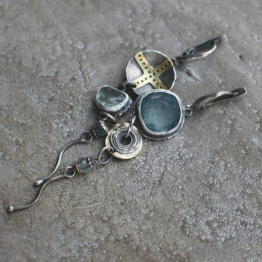 Blue Stone Cross Earrings-Mialla Jewelry