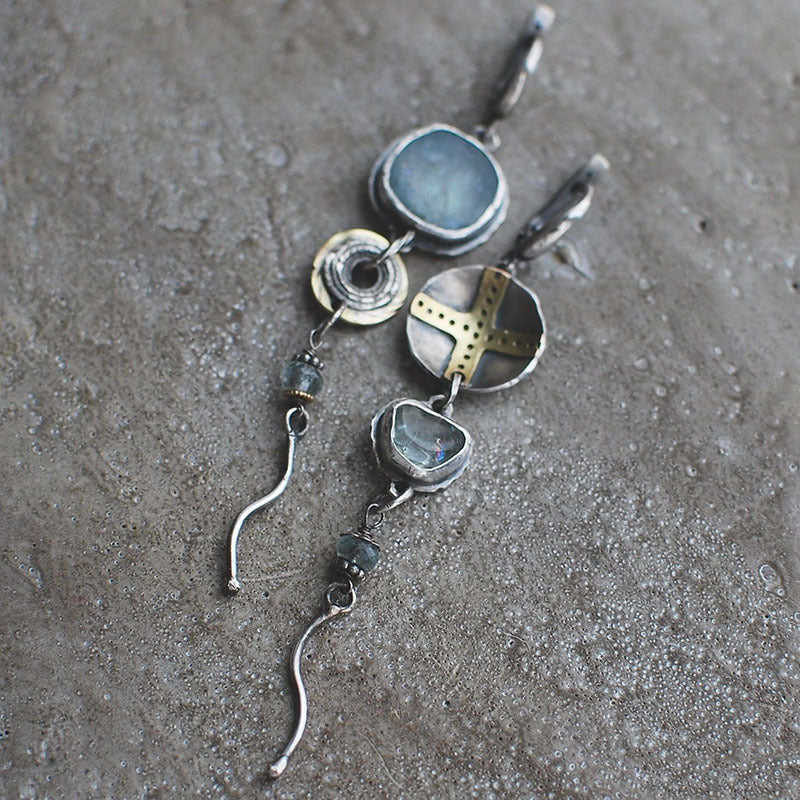 Blue Stone Cross Earrings-Mialla Jewelry