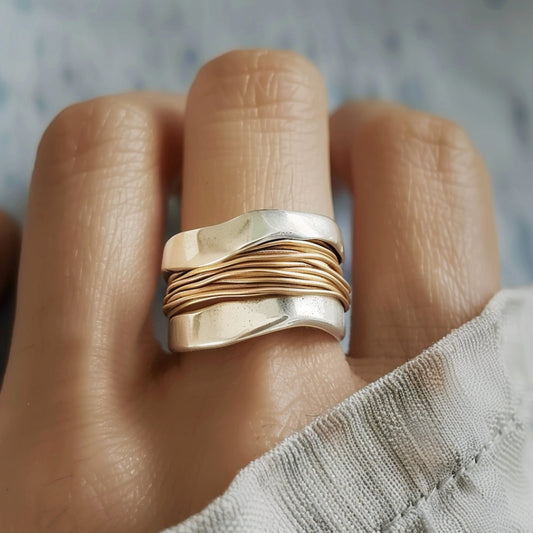 Silver Golden Threads Ring-Mialla Jewelry