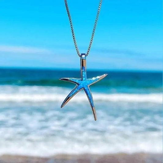 Blue Opal and Silver Starfish Necklace-USA Jewellery