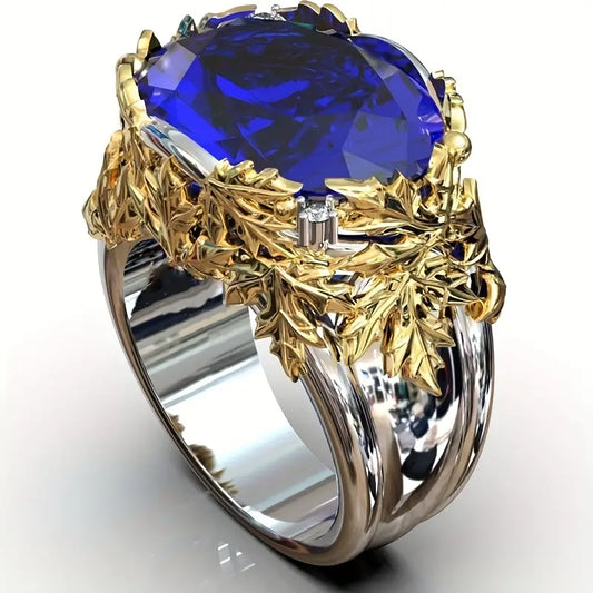 Vintage Blue Glass Golden Leaf Silver Ring-Mialla Jewelry