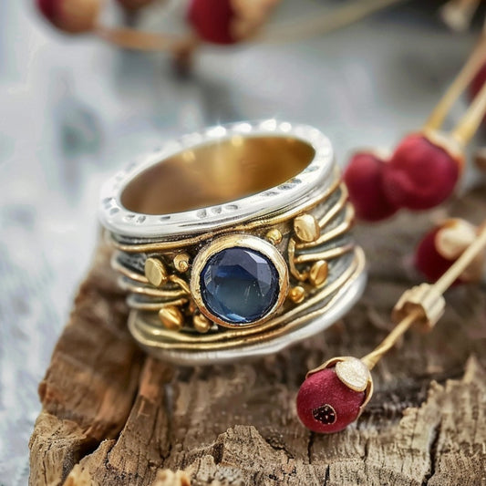 Gold Inlaid Blue Stone Ring-Mialla Jewelry