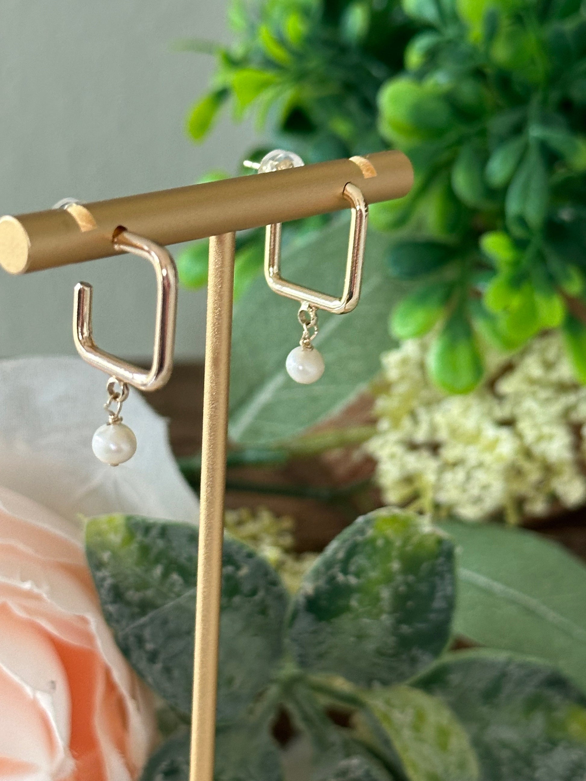 Dalila Square Hoop Pearl Earrings-Mialla Jewelry
