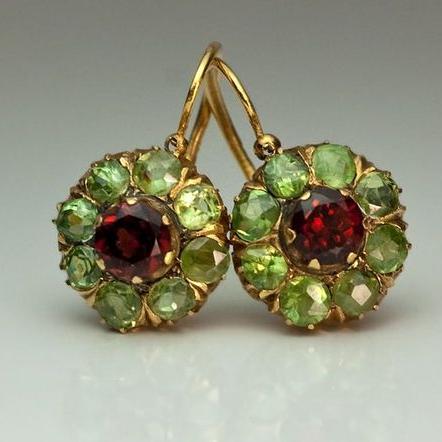 Vintage Rounded Green & Red Crystal Earrings-Mialla Jewelry