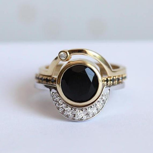 Vintage Black Glass & Zirconia Gold Ring-Mialla Jewelry