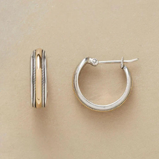 Vintage Golden Line Silver Hoop Earrings-Mialla Jewelry