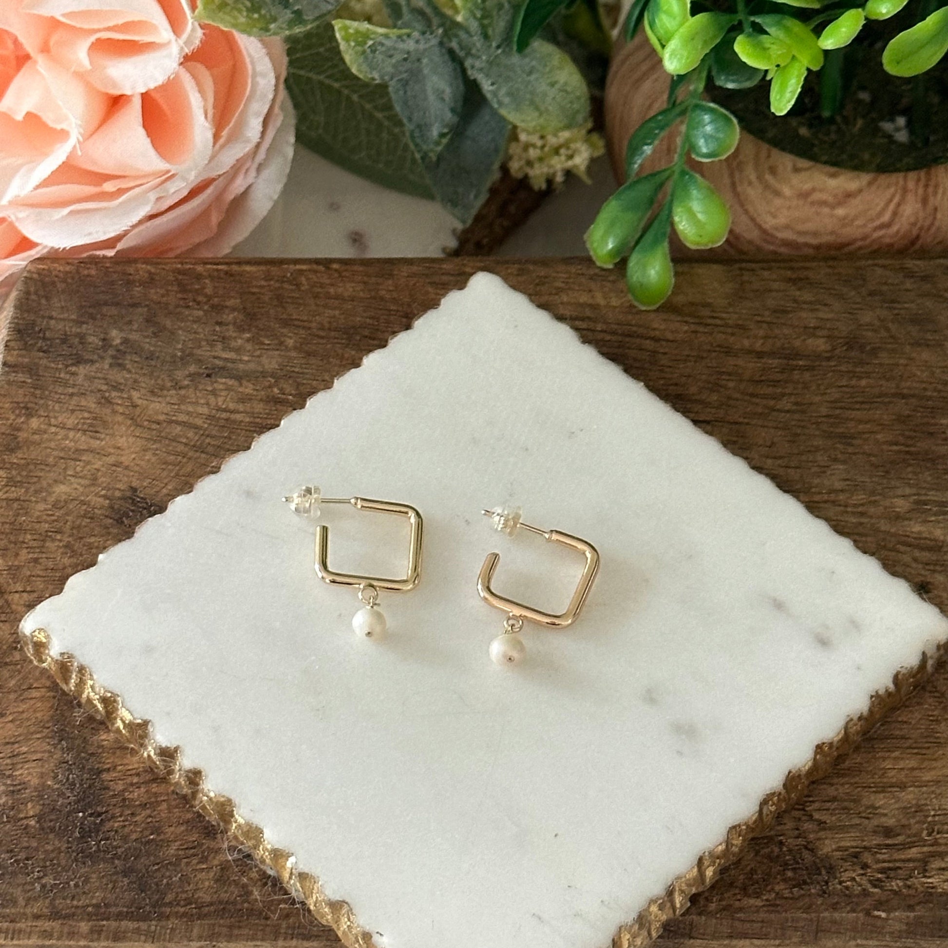 Dalila Square Hoop Pearl Earrings-Mialla Jewelry