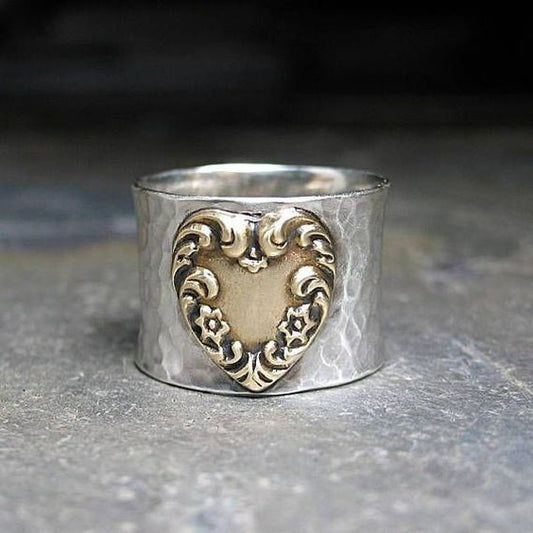 Vintage Silver Golden Heart Ring-Mialla Jewelry