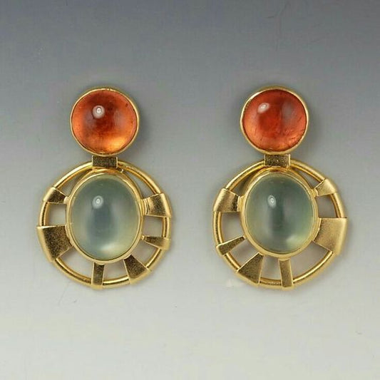 Vintage Orange & Green Crystal Rounded Earrings-Mialla Jewelry