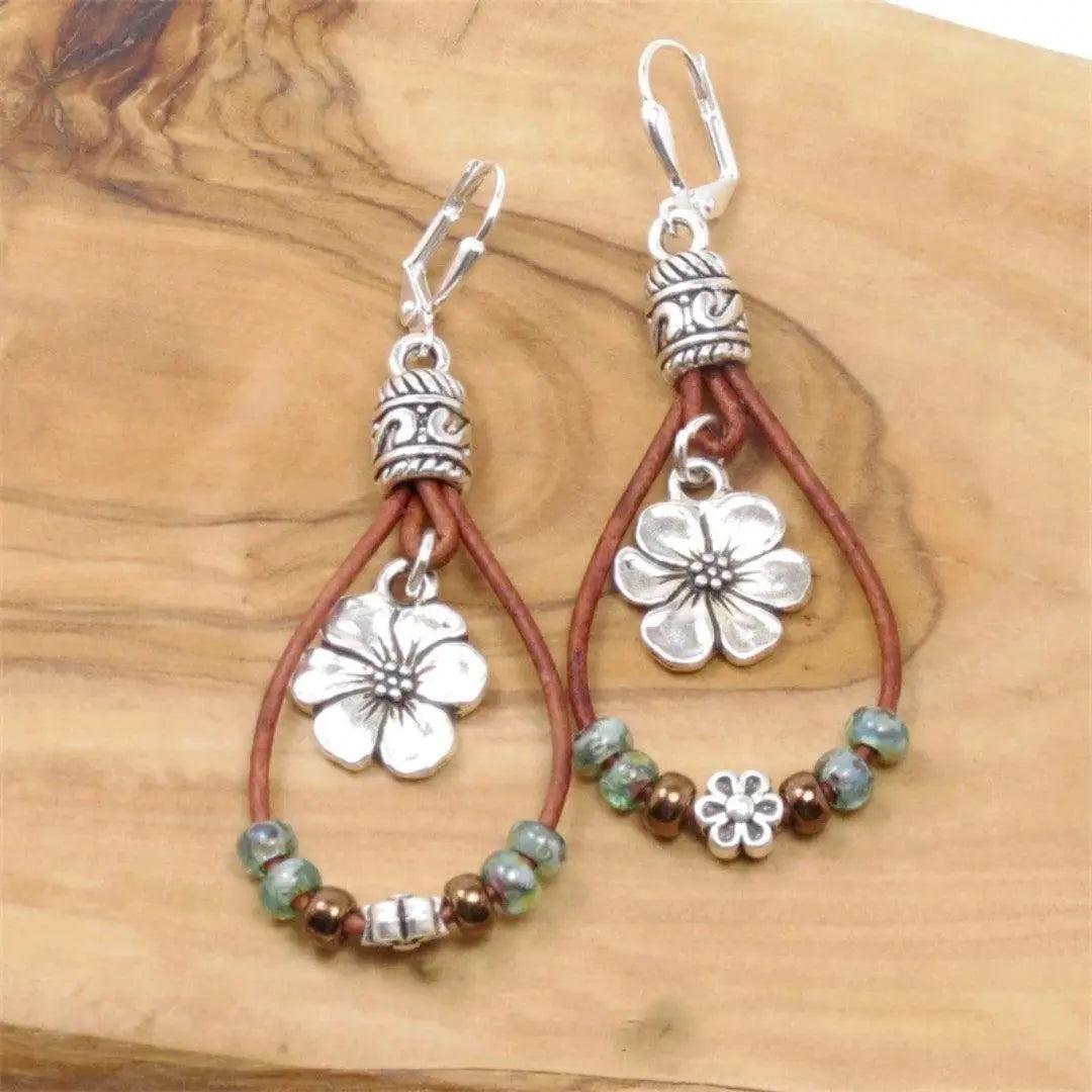 Vintage Floral Leather Earrings-Mialla Jewelry