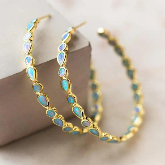 Vintage Blue Opal Gold Earrings-Mialla Jewelry