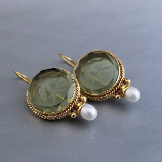 Vintage Rounded Green Stone Pearl Earrings-Mialla Jewelry