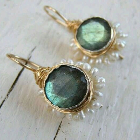 Vintage Green Stone Golden Earrings-Mialla Jewelry