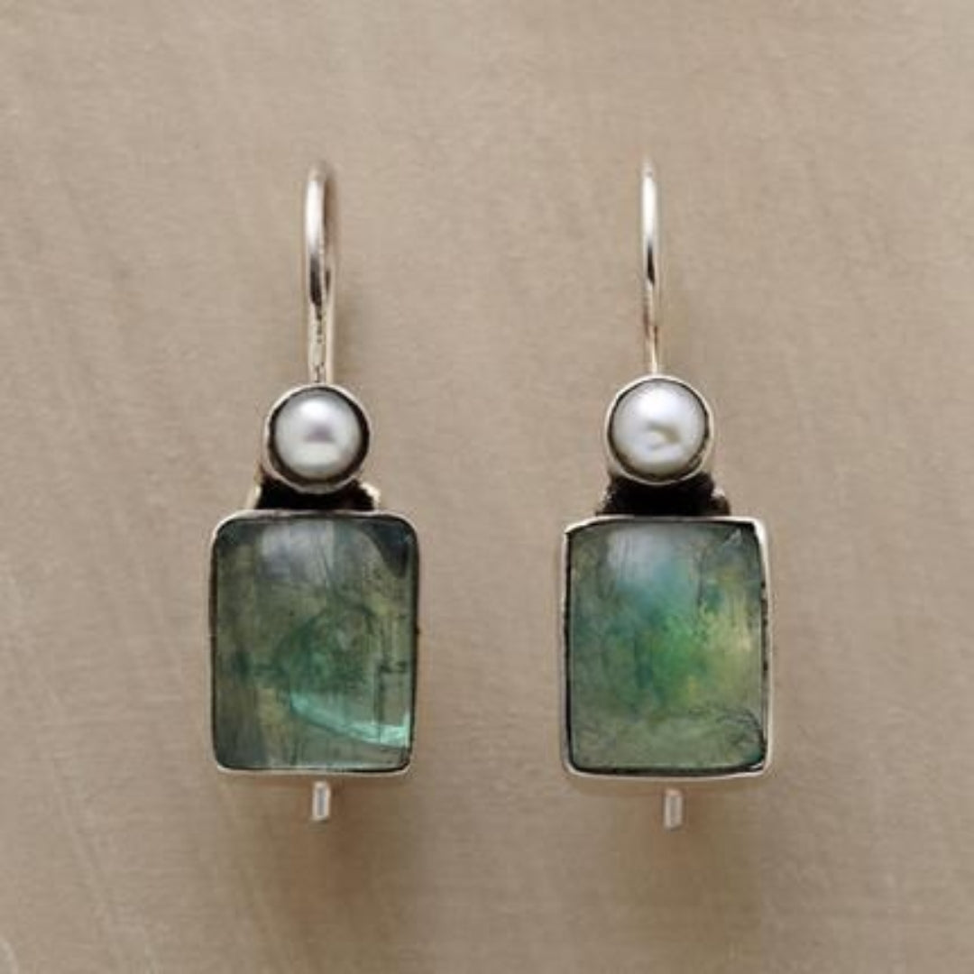 Vintage Green Stone Inlaid Pearl Earrings-Mialla Jewelry