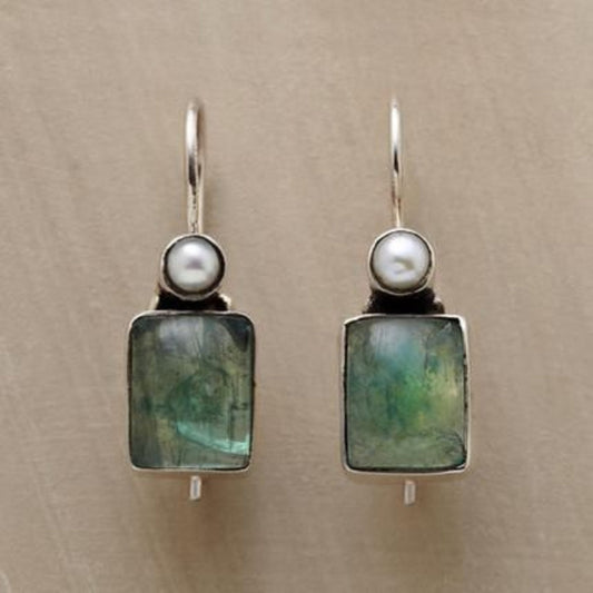 Vintage Green Stone Inlaid Pearl Earrings-Mialla Jewelry