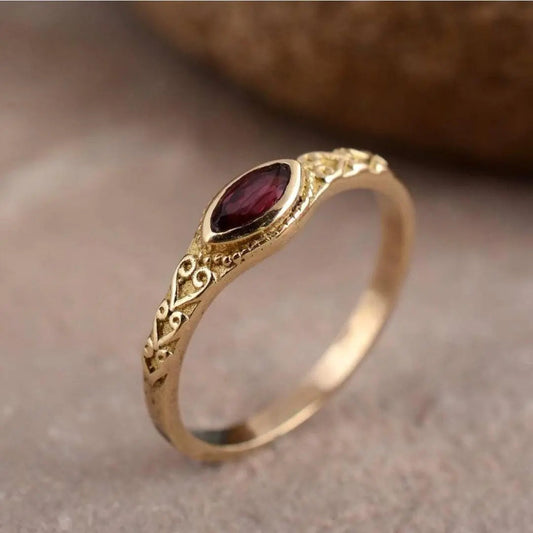 Golden Vintage Ring with Red Crystal-Mialla Jewelry
