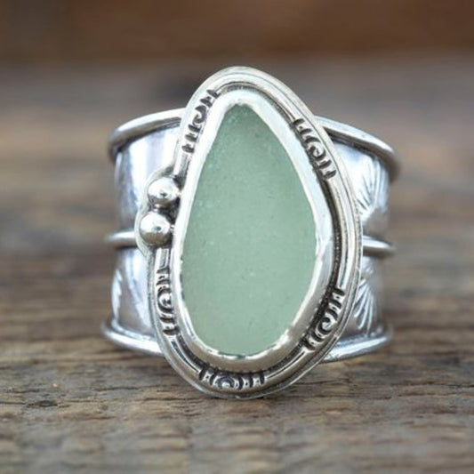 Vintage Green Inlaid Moonstone Ring-Mialla Jewelry