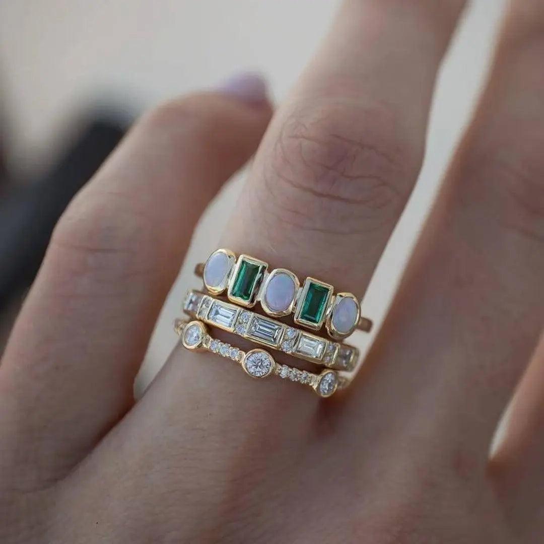 Vintage rings with white and green opal-Mialla Jewelry