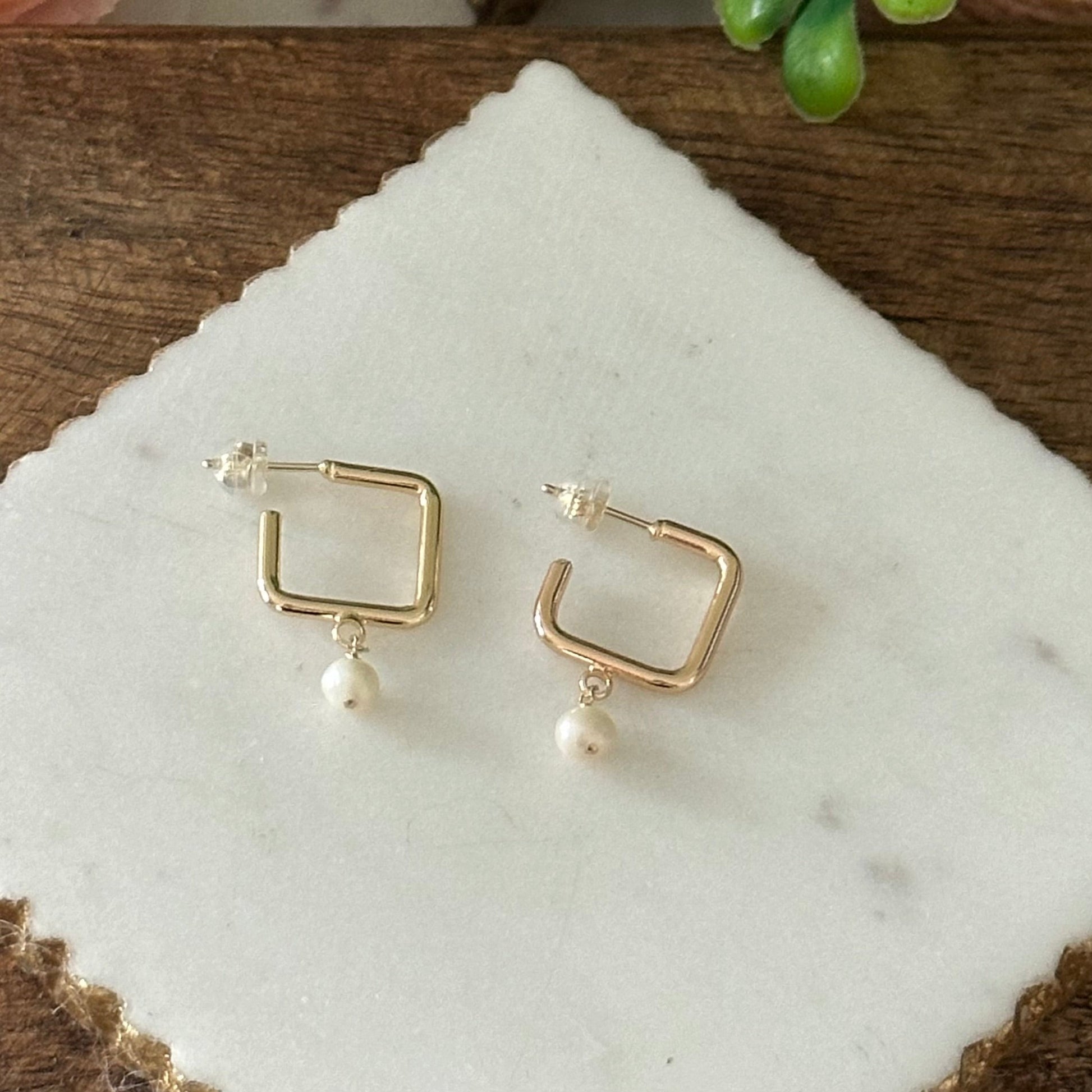 Dalila Square Hoop Pearl Earrings-Mialla Jewelry