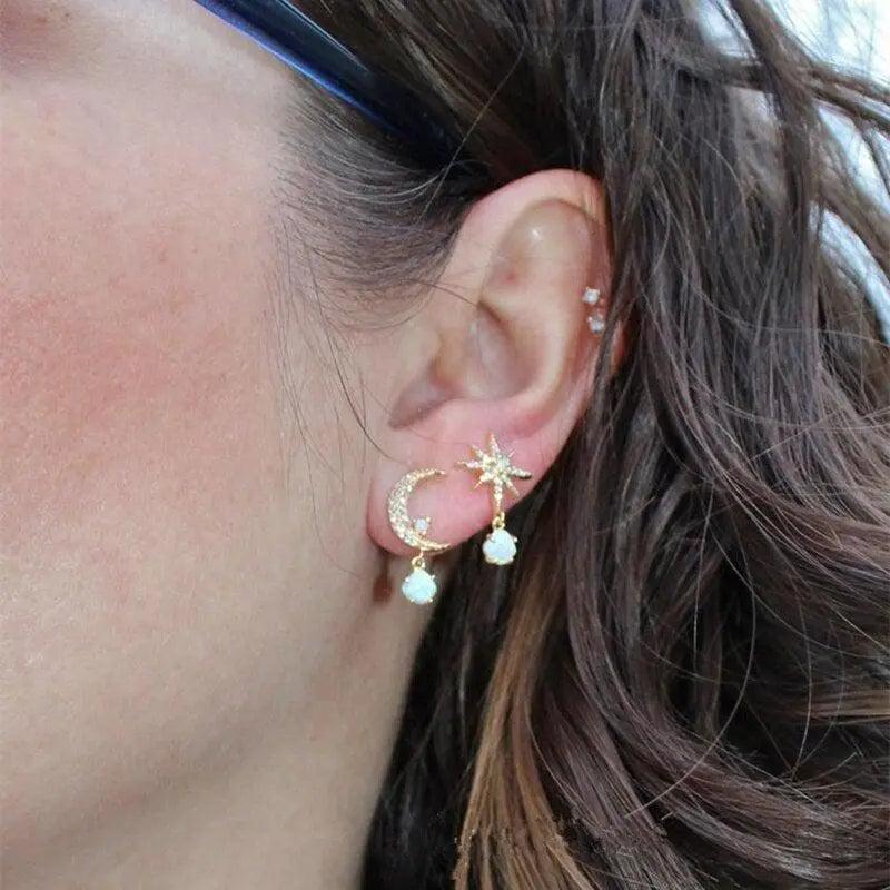 Moon and Star Earrings made of Gold and Opal-Mialla Jewelry