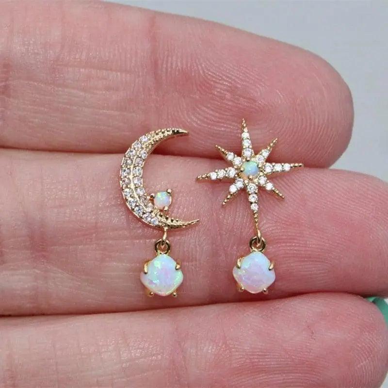 Moon and Star Earrings made of Gold and Opal-Mialla Jewelry