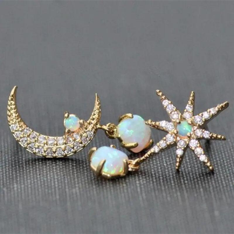 Moon and Star Earrings made of Gold and Opal-Mialla Jewelry