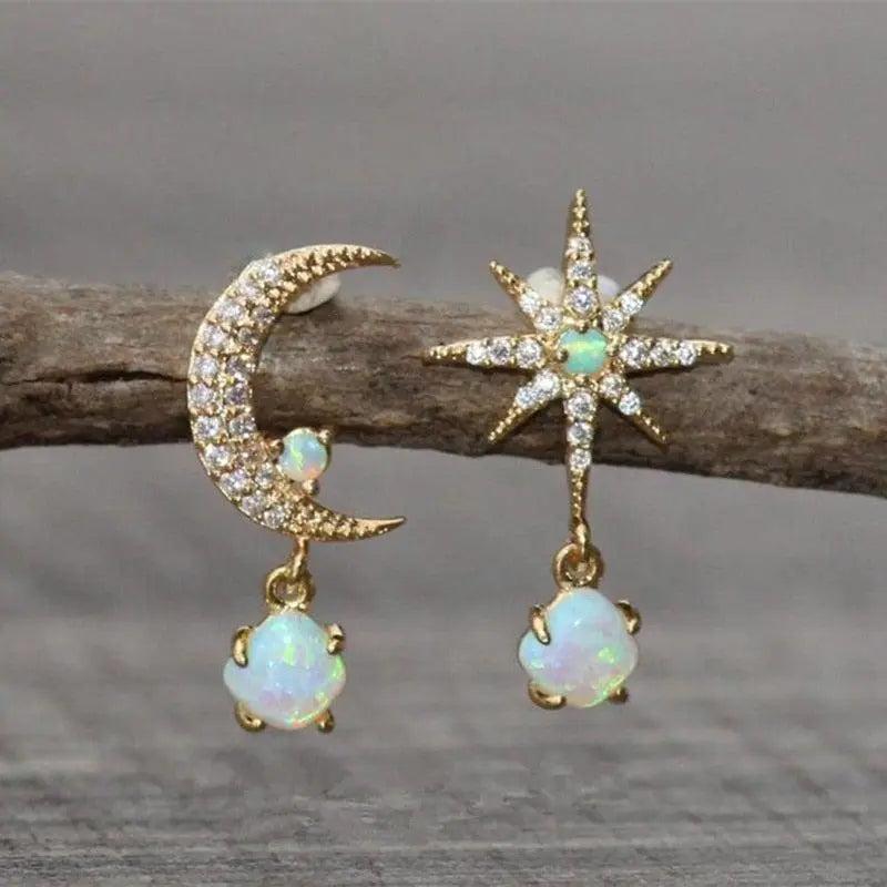 Moon and Star Earrings made of Gold and Opal-Mialla Jewelry
