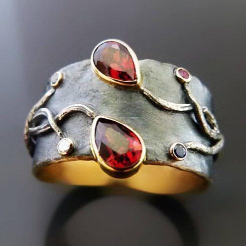 Vintage Red Drop Zirconia Silver Ring-Mialla Jewelry