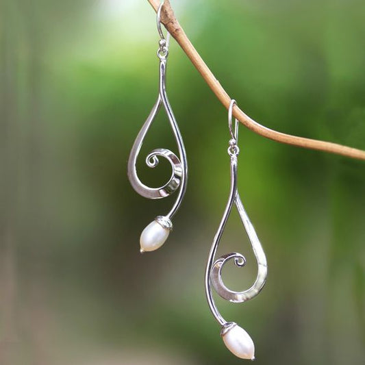 Vintage Dangling Spiral Pearl Silver Earrings-Mialla Jewelry