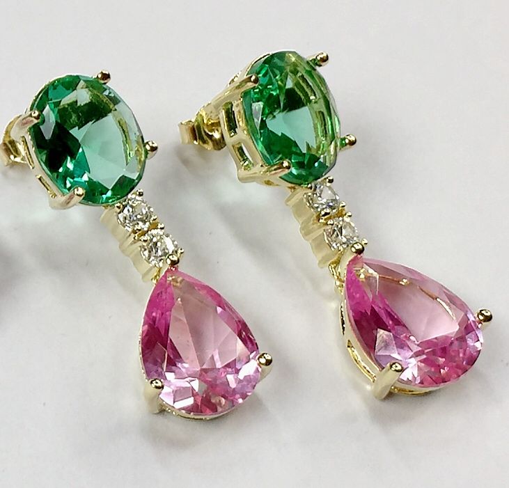Vintage Pink Drop Green Zirconia Earrings-Mialla Jewelry