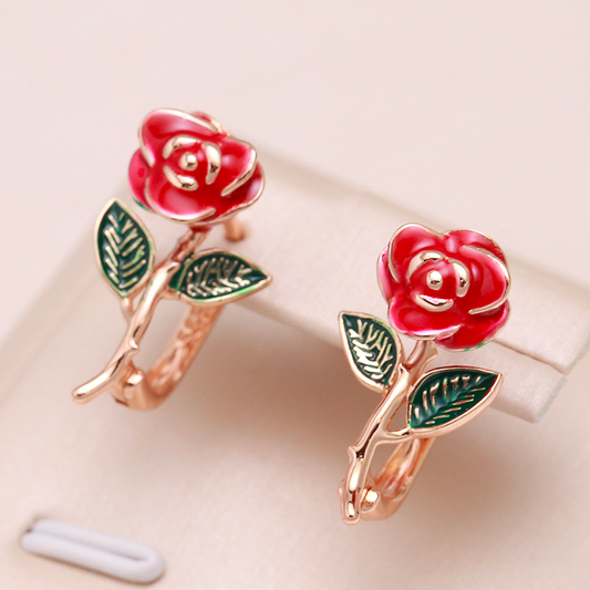 Elegant Hand Painted Roses in Gold Earrings-Mialla Jewelry