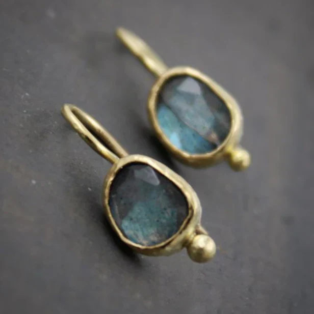 Vintage Blue Inlaid Stone Golden Earrings-Mialla Jewelry