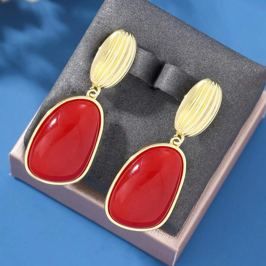 Vintage Red Stone Gold Earrings-Mialla Jewelry