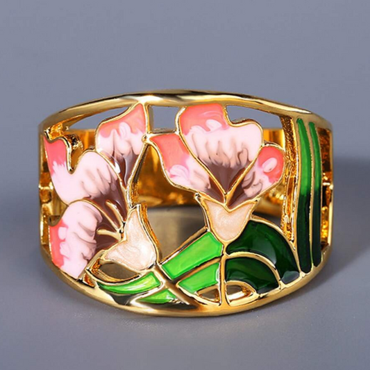 Vintage Golden Enamel Flower Ring-Mialla Jewelry