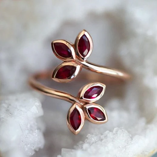 Vintage Red Crystal Leaf Rose Gold Ring-Mialla Jewelry