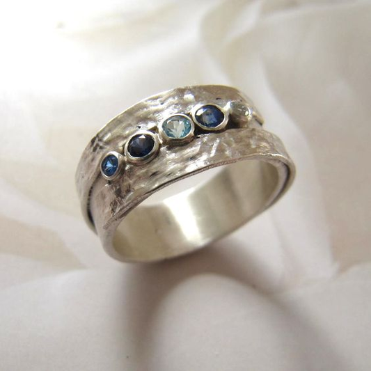 Vintage Silver Inlaid Blue Stones Ring-Mialla Jewelry