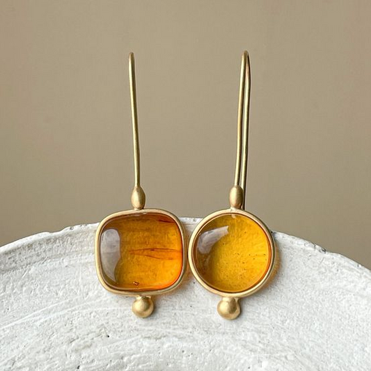 Vintage Orange Glass Gold Earrings-Mialla Jewelry