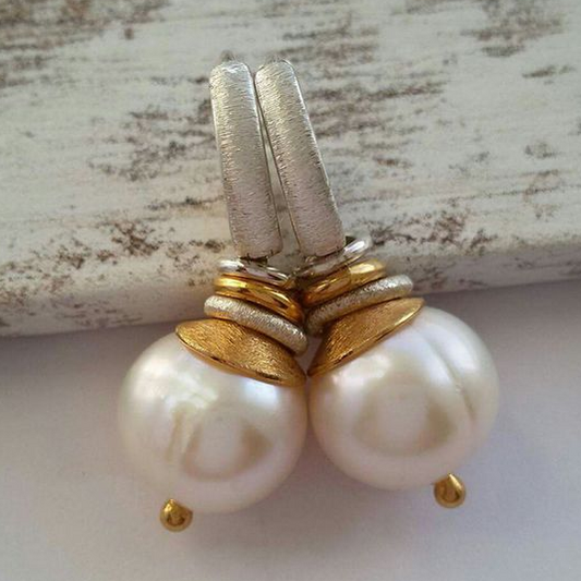Vintage White Pearl Gold Earrings-Mialla Jewelry