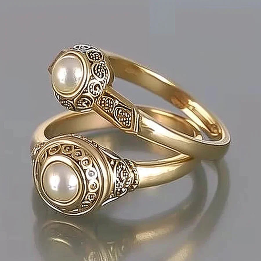Vintage Inlaid Pearl Gold Ring Set-Mialla Jewelry