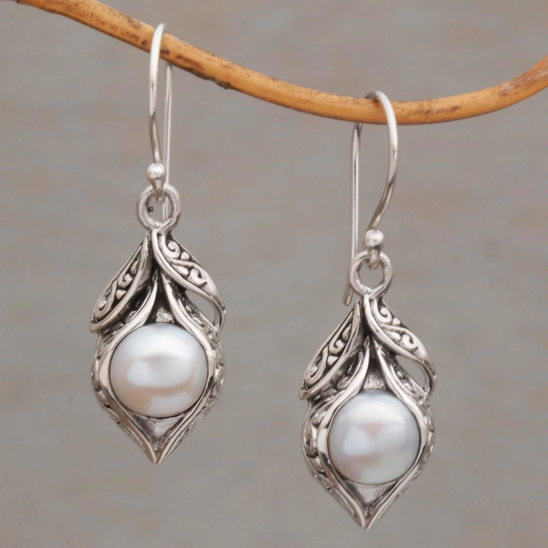 Vintage Dangling Pearl Silver Earrings-Mialla Jewelry