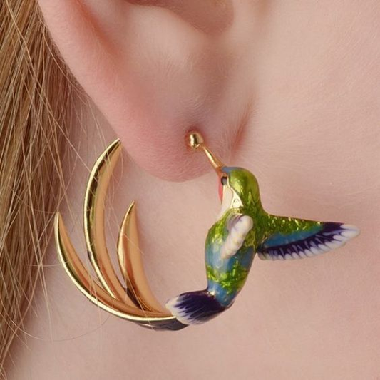Vintage Enamel Hummingbird Hoop Earrings-USA Jewellery