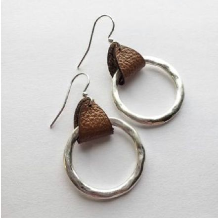 Vintage Leather & Silver Hoop Earrings-Mialla Jewelry