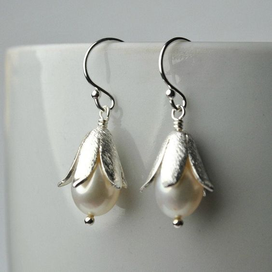 Vintage Lotus Pearl Silver Earrings-Mialla Jewelry
