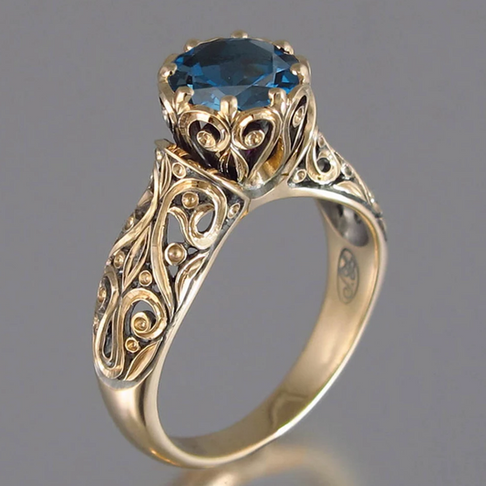 Vintage Blue Crystal Glden Hollow Ring-Mialla Jewelry