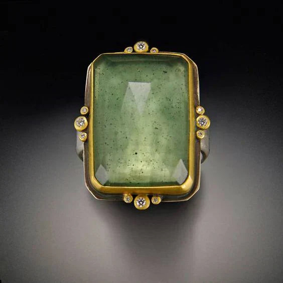 Vintage Green Glass Gold Ring-Mialla Jewelry