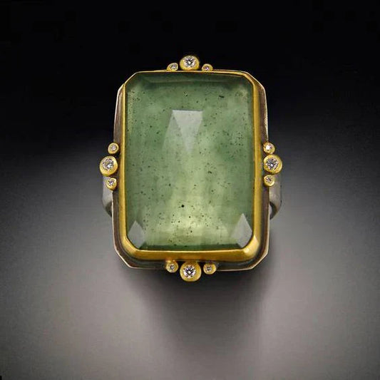 Vintage Green Glass Gold Ring-Mialla Jewelry