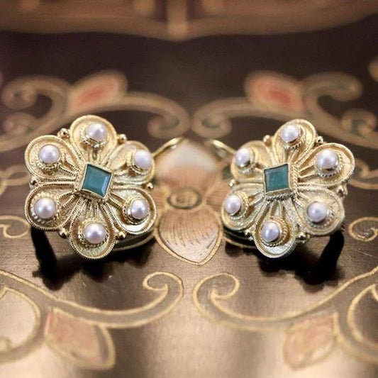 Vintage Crystal Flower Pearl Earrings-Mialla Jewelry