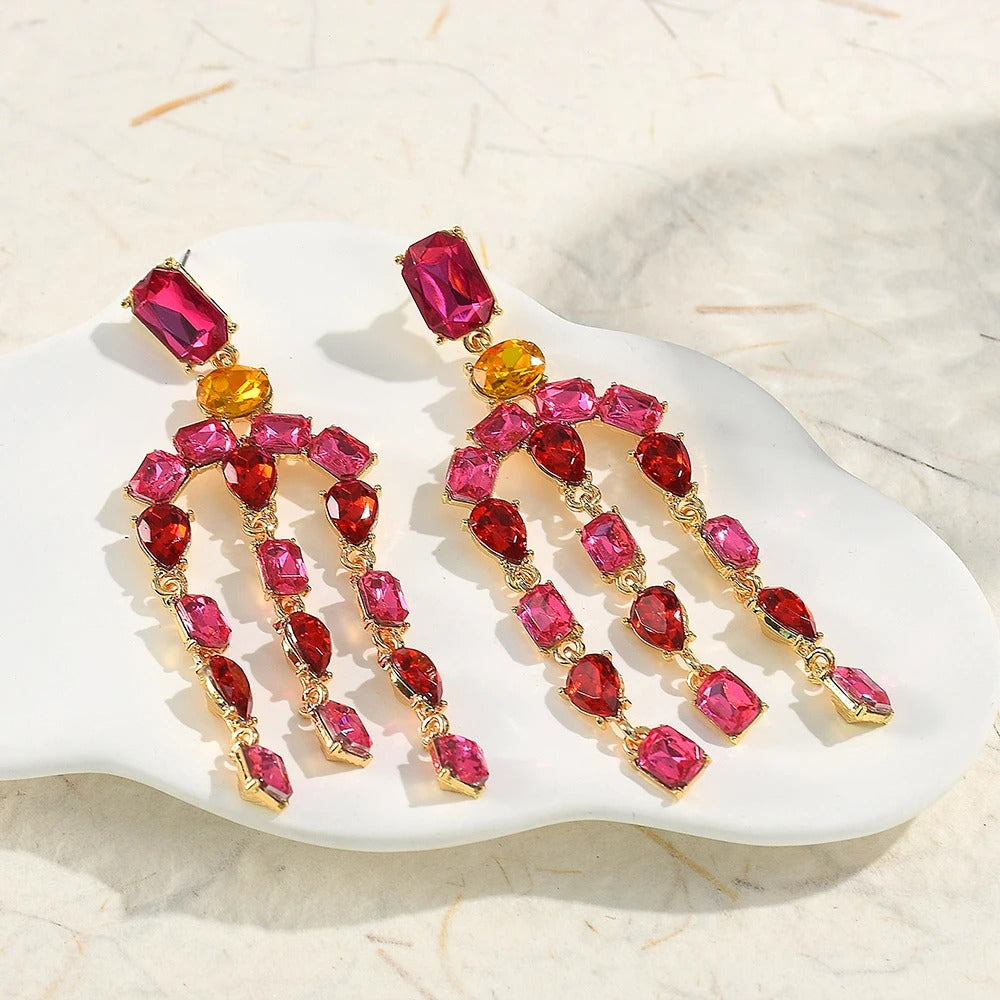 Vintage Red & Pink Crystal Gold Earrings-Mialla Jewelry