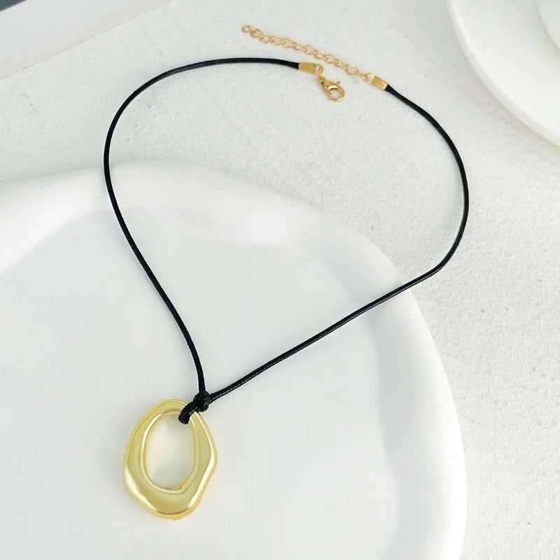 Gold Abstract Oval Pendant & Adjustable Black Rope Necklace-Mialla Jewelry